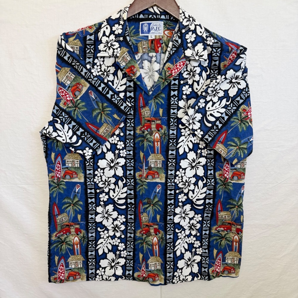 RJC Ltd Made In Hawaii Hawaiian Shirt Mens L Woody Surf Car Surfboard Aloha
